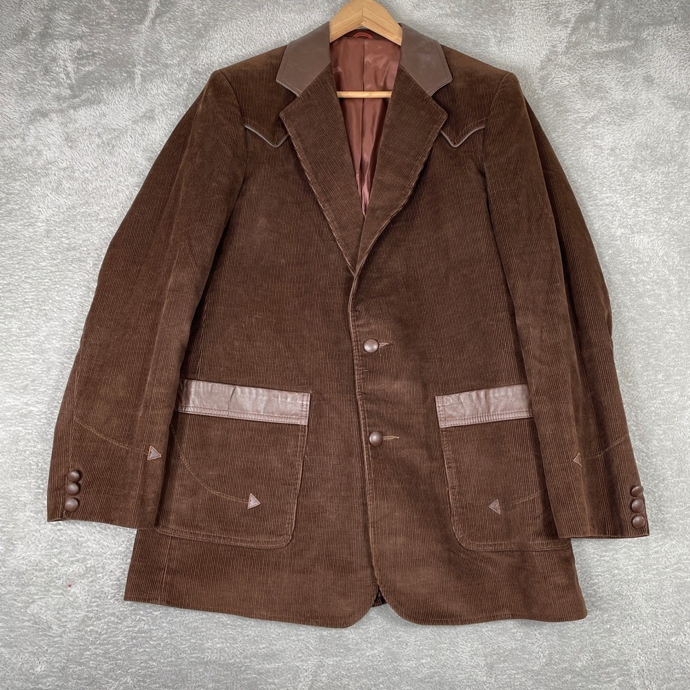 Pioneer Wear Western Blazer Mens 42 Long Brown Corduroy Leather Trim Vintage